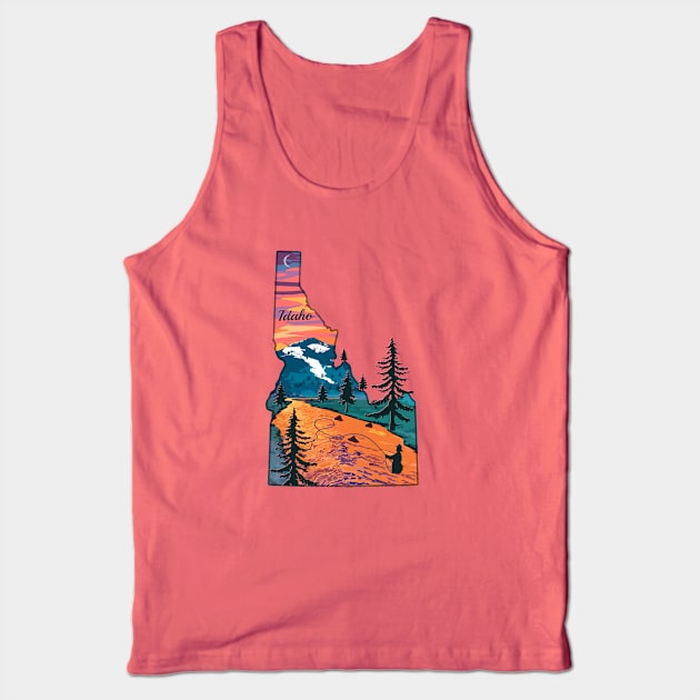 Fly Fishing Idaho State Map Mountain Sunset River Retro Tank Top by TeeCreations